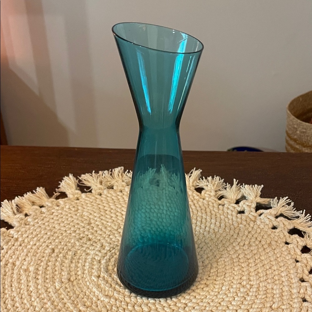Elegant MCM Slanted Blue Glass Vase or Decanter